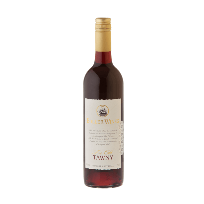 A bottle of Buller Wines Fine Old Tawny with a red label and a gold-colored cap.