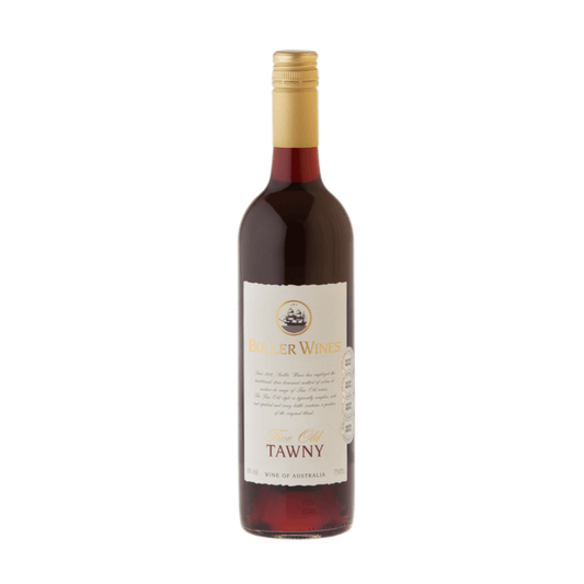 A bottle of Buller Wines Fine Old Tawny with a red label and a gold-colored cap.