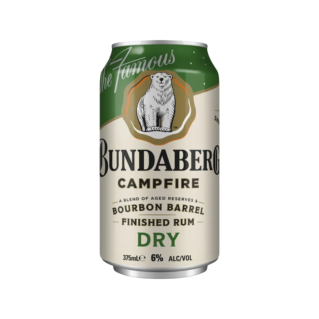 Bundaberg Campfire Rum can with bear logo on a white background