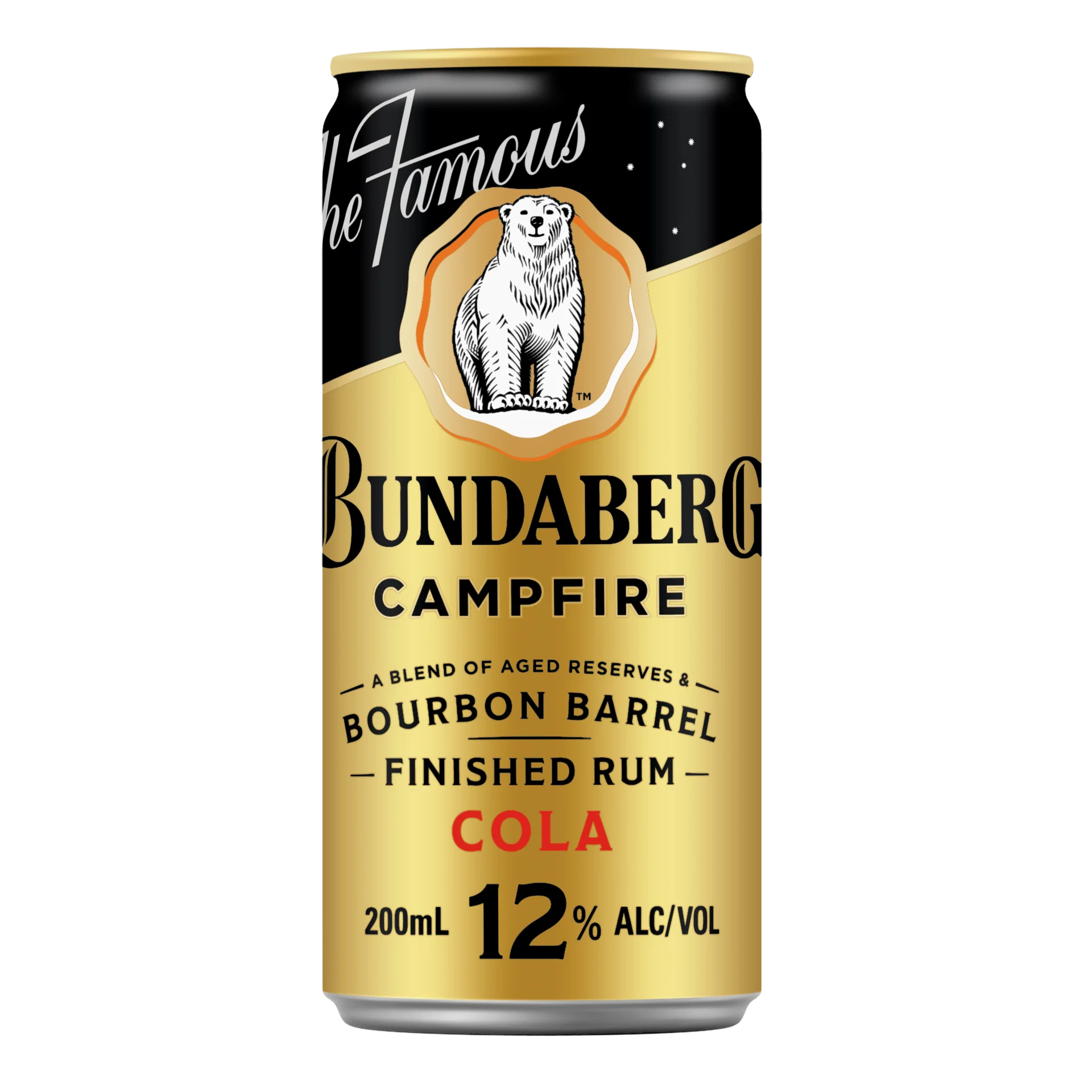 A 200mL aluminum can of Bundaberg Campfire Finished Rum Cola, featuring a black and gold label with a polar bear logo and red text.
