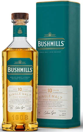 Bushmills 10-year-old single malt whiskey bottle and packaging