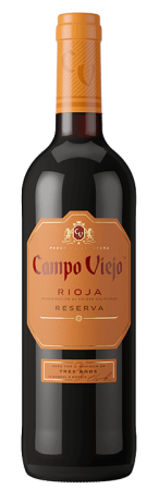 Campo Viejo Rioja Reserva wine bottle with a brown label on a black background