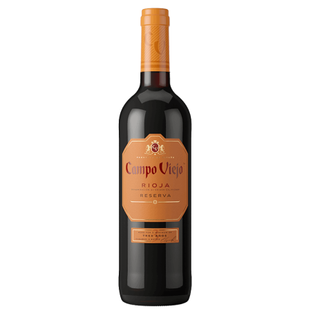 Campo Viejo Rioja Reserva wine bottle with a brown label on a black background
