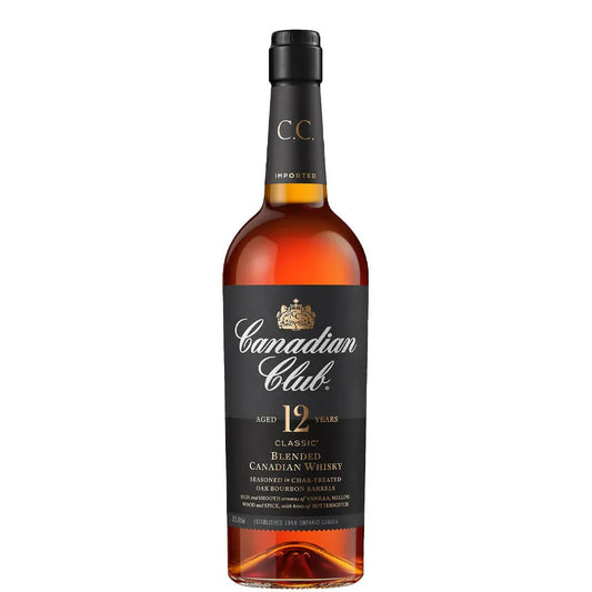 Canadian Club 12-year-old blended Canadian whisky bottle on a white background