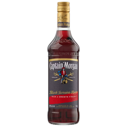 Captain Morgan Black Jamaica Rum bottle with gold cap on a white background