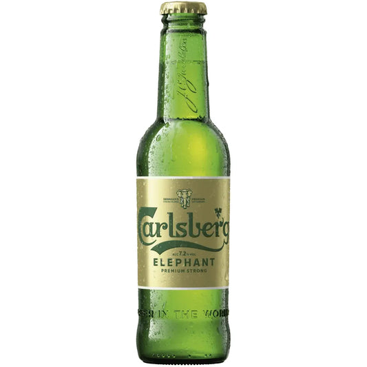 Green Carlsberg bottle with gold label on a white background
