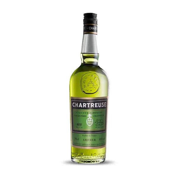 Bottle of Chartreuse liqueur on a white background