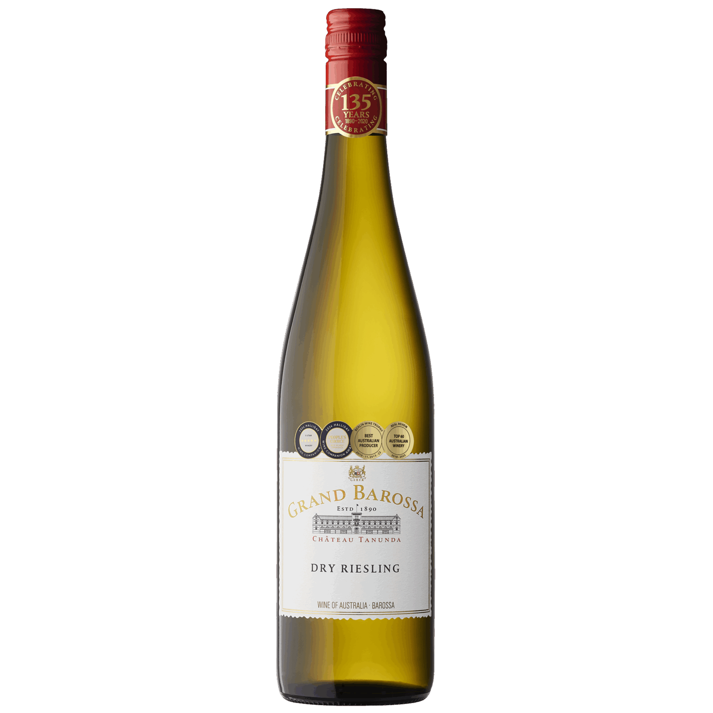 Bottle of Grand Barossa Dry Riesling wine with a red cap and white label.