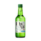 A green glass bottle of Korean soju liquor with a white and blue label, featuring Korean text and a green screw cap, isolated on a white background.