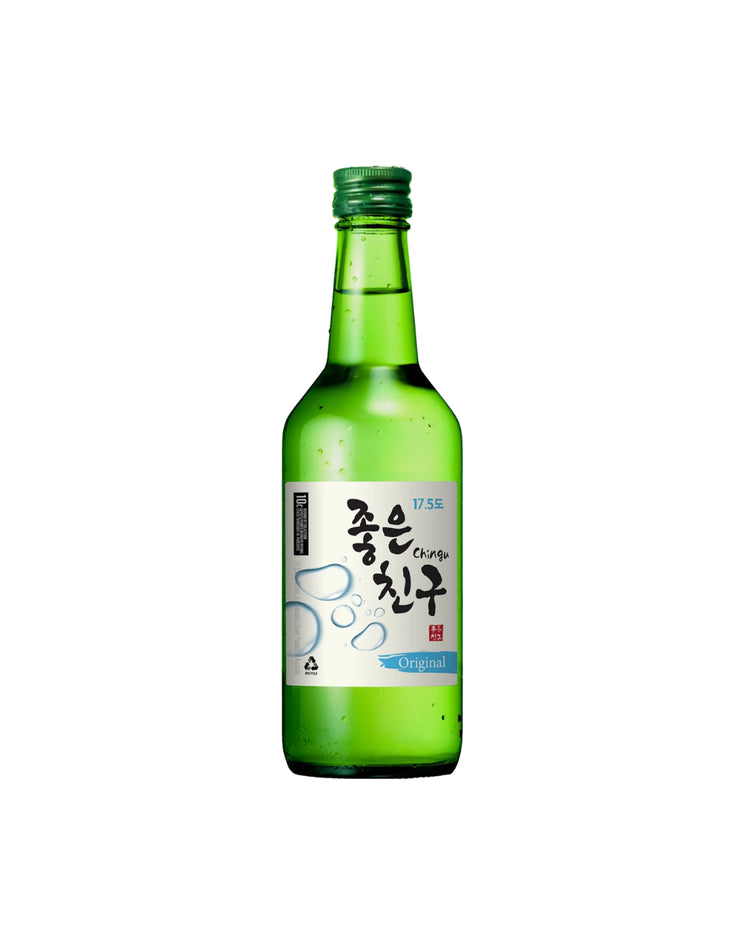 A green glass bottle of Korean soju liquor with a white and blue label, featuring Korean text and a green screw cap, isolated on a white background.