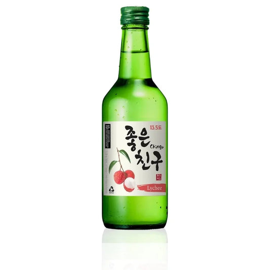A green glass bottle of Korean liquor, likely Gijang, with a white label featuring Korean text and a red lychee illustration, on a white background with a soft reflection.