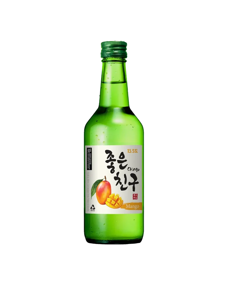 A green glass bottle of Korean rice wine (soju) with a green cap and a white label featuring a mango illustration and Korean text, set against a plain white background.