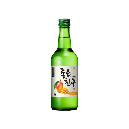 A green glass bottle of Korean rice wine (soju) with a green cap and a white label featuring a mango illustration and Korean text, set against a plain white background.