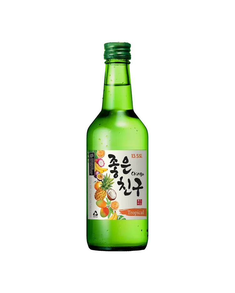 A green glass bottle of Korean soju liquor with a white label featuring tropical fruit illustrations and Korean text, set against a plain white background.