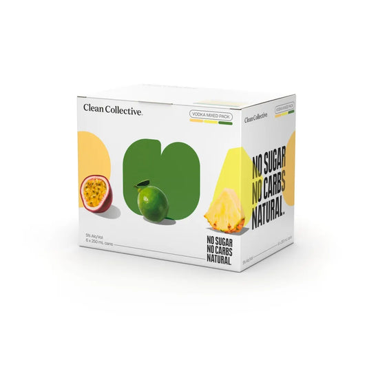 Clean Collective product packaging with fruit illustrations on a white background