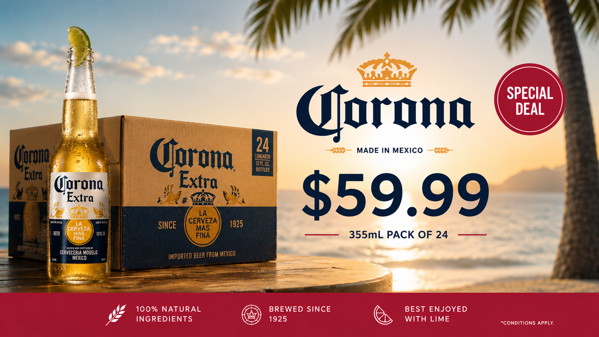 Corona beer bottle and brown box with sunset and palm tree background