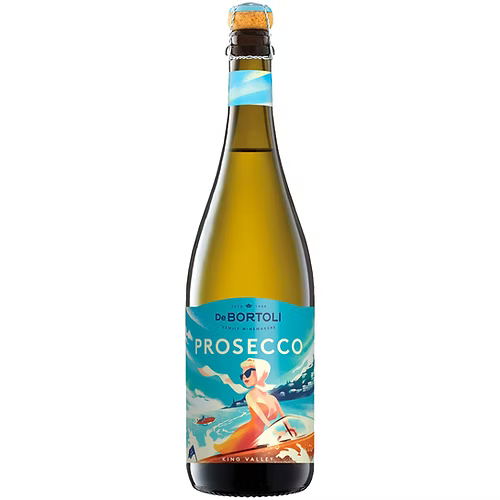 Bottle of De Bortoli Prosecco with a label featuring a woman in a swimsuit on a white background