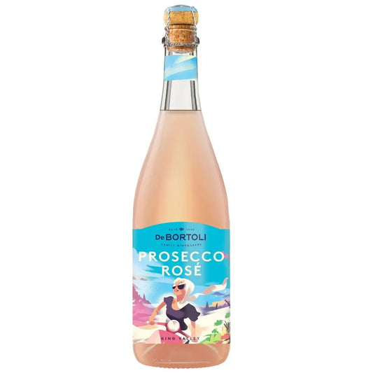 Bottle of De Bortoli Prosecco Rosé with a cork on a white background