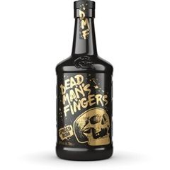 Dead Man's Fingers rum bottle with skull design on a white background