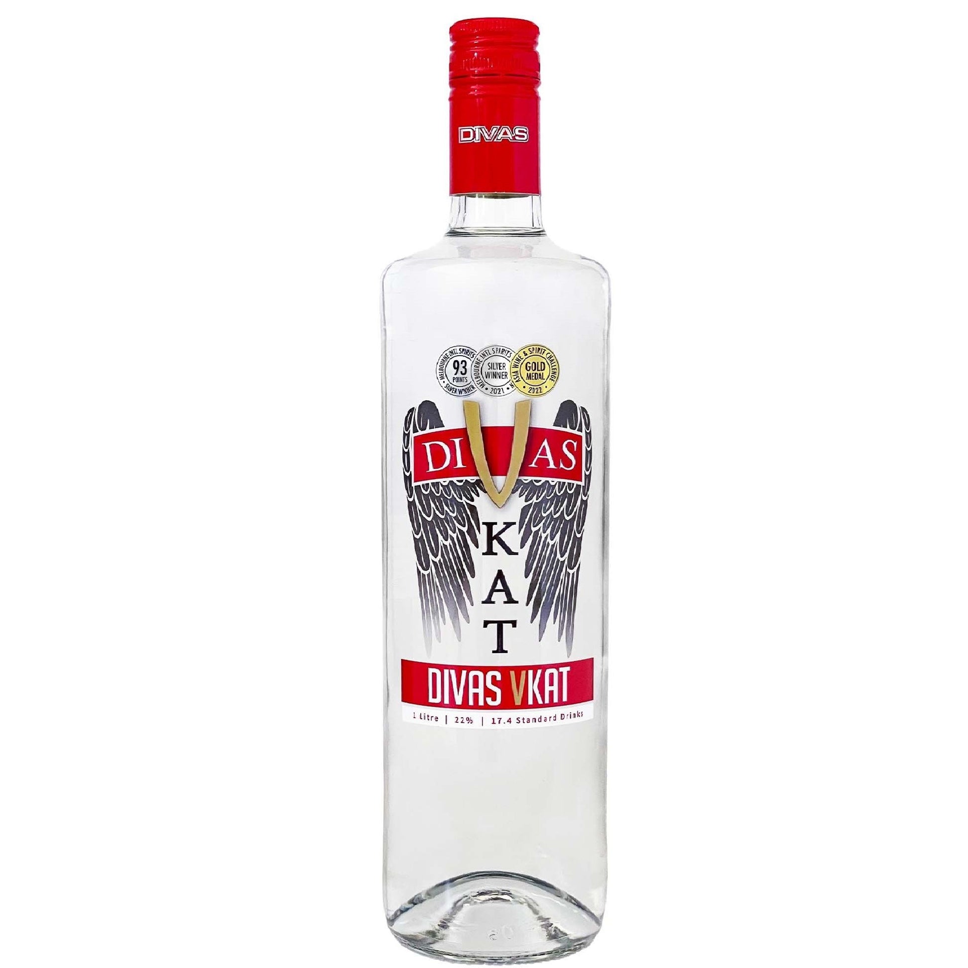 A clear glass bottle of Divas Vkat vodka with a red cap and a white, red, and black label featuring a winged design.