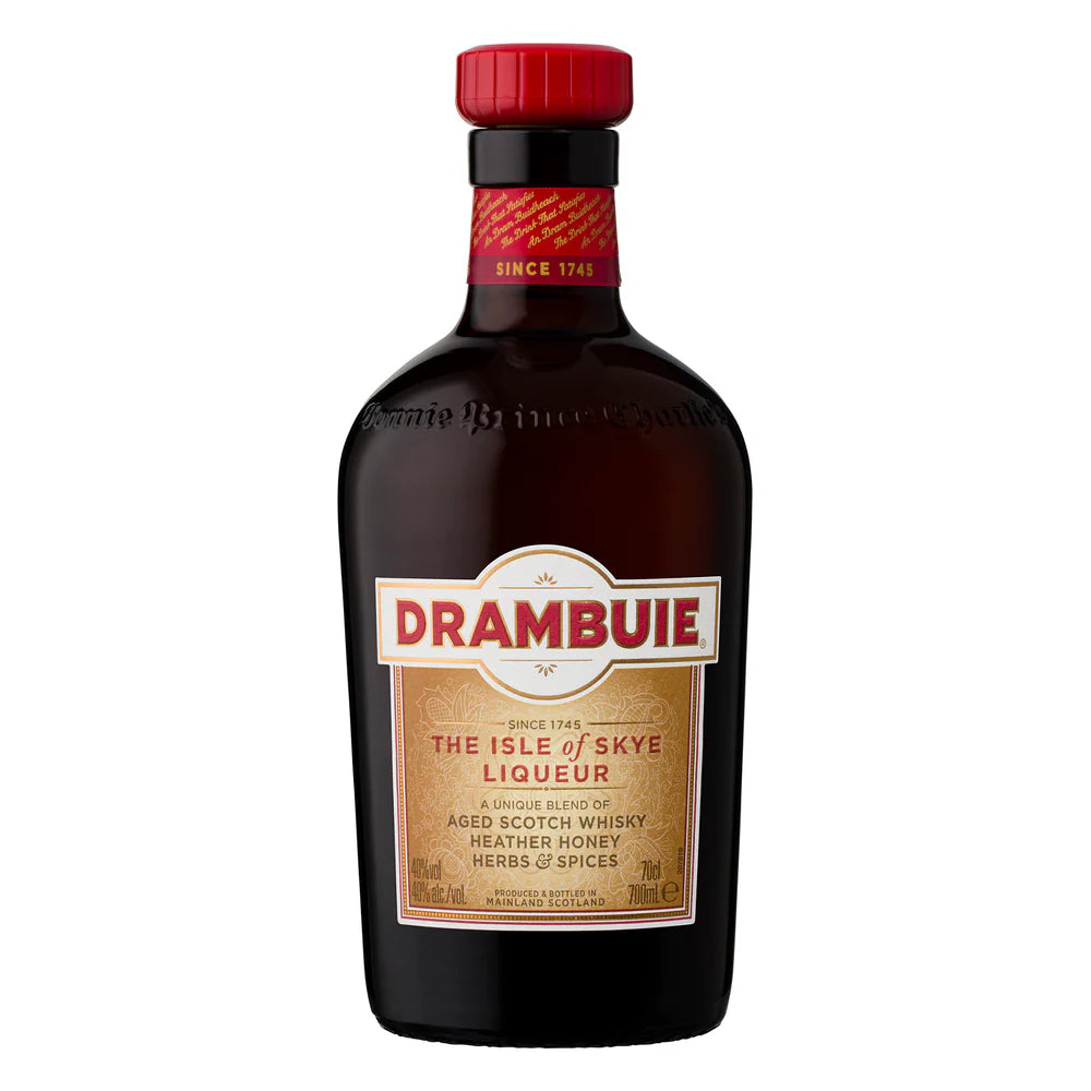Bottle of Drambuie liqueur on a white background