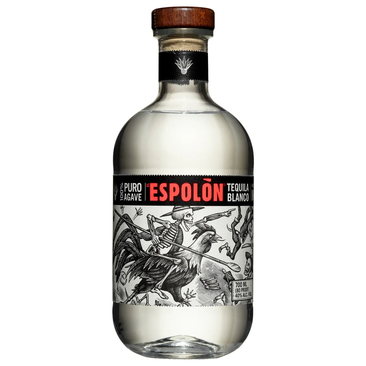 Espolón tequila bottle with detailed label on a white background