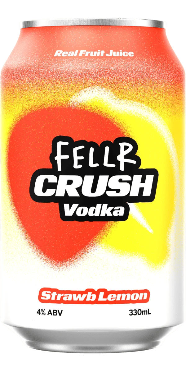 A 330mL can of Feller Crush Vodka in Strawberry Lemon flavor, featuring a vibrant red and yellow peach graphic on a white background.