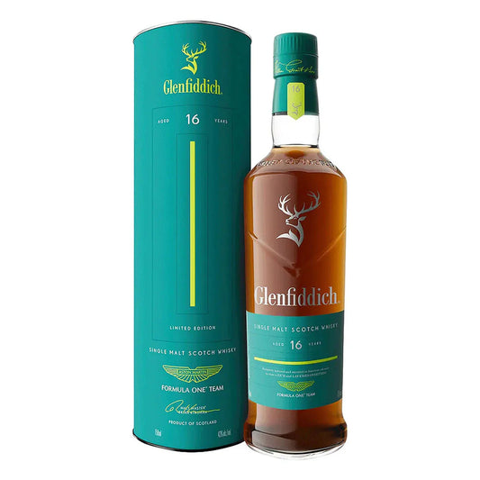 Glenfiddich 16-year-old whisky bottle and packaging on a white background