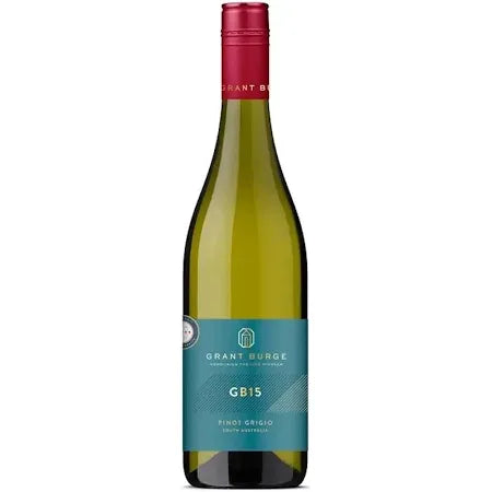 Wine bottle labeled 'Grant Burge GB15' with a red cap and blue label.