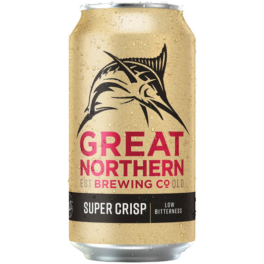 Gold can of Great Northern Brewing Co. Super Crisp beer with a fish logo.