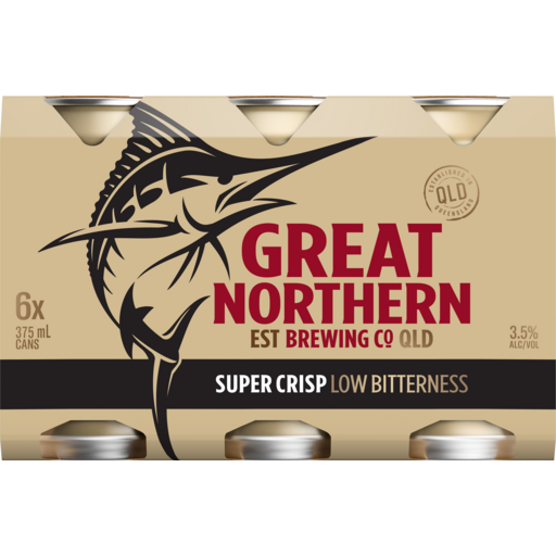 Pack of Great Northern Brewing Co beer cans with branding and product details.