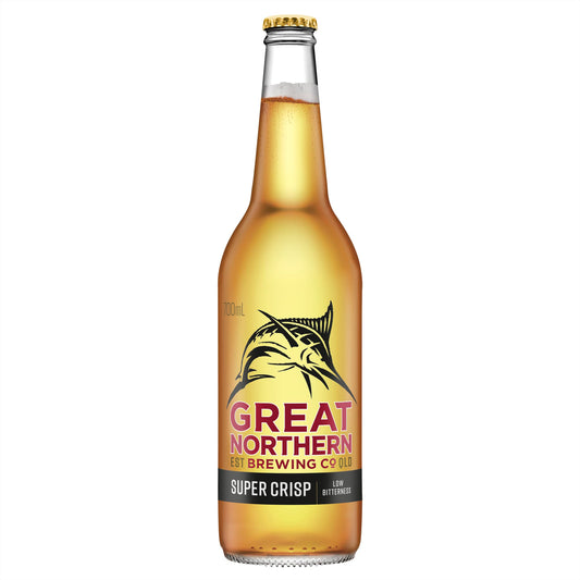 Bottle of Great Northern Brewing Co. Super Crisp beer on a white background