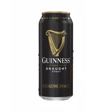 A single can of Guinness Draught Stout beer on a plain white background. The can is black with a gold harp logo and gold and white text.