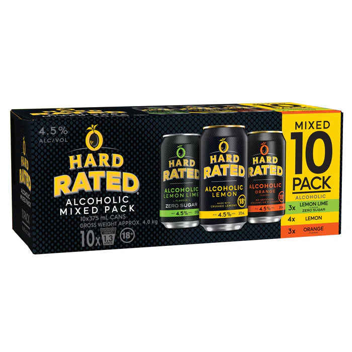 Box of Hard Rated alcoholic mixed pack with three cans on a white background