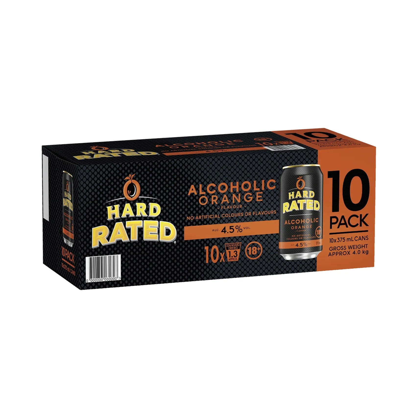 10-pack of Hard Rated Alcoholic Orange cans on a white background