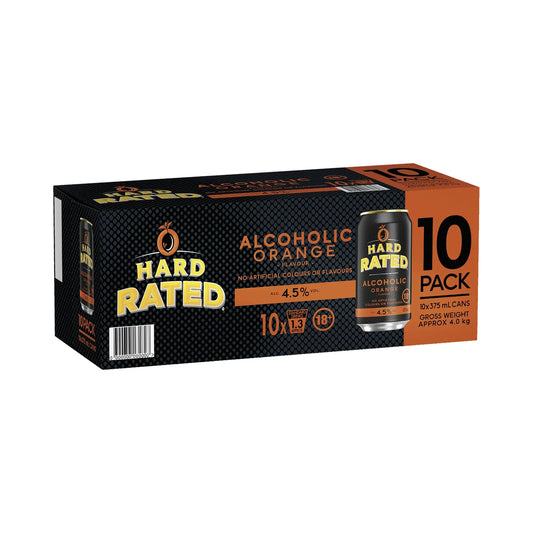 10-pack of Hard Rated Alcoholic Orange cans on a white background