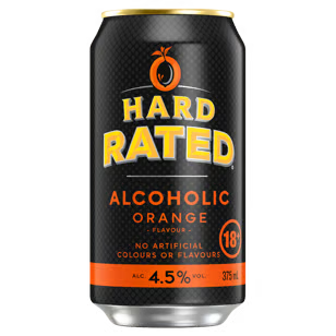 Hard Rated alcoholic orange can on a dark background