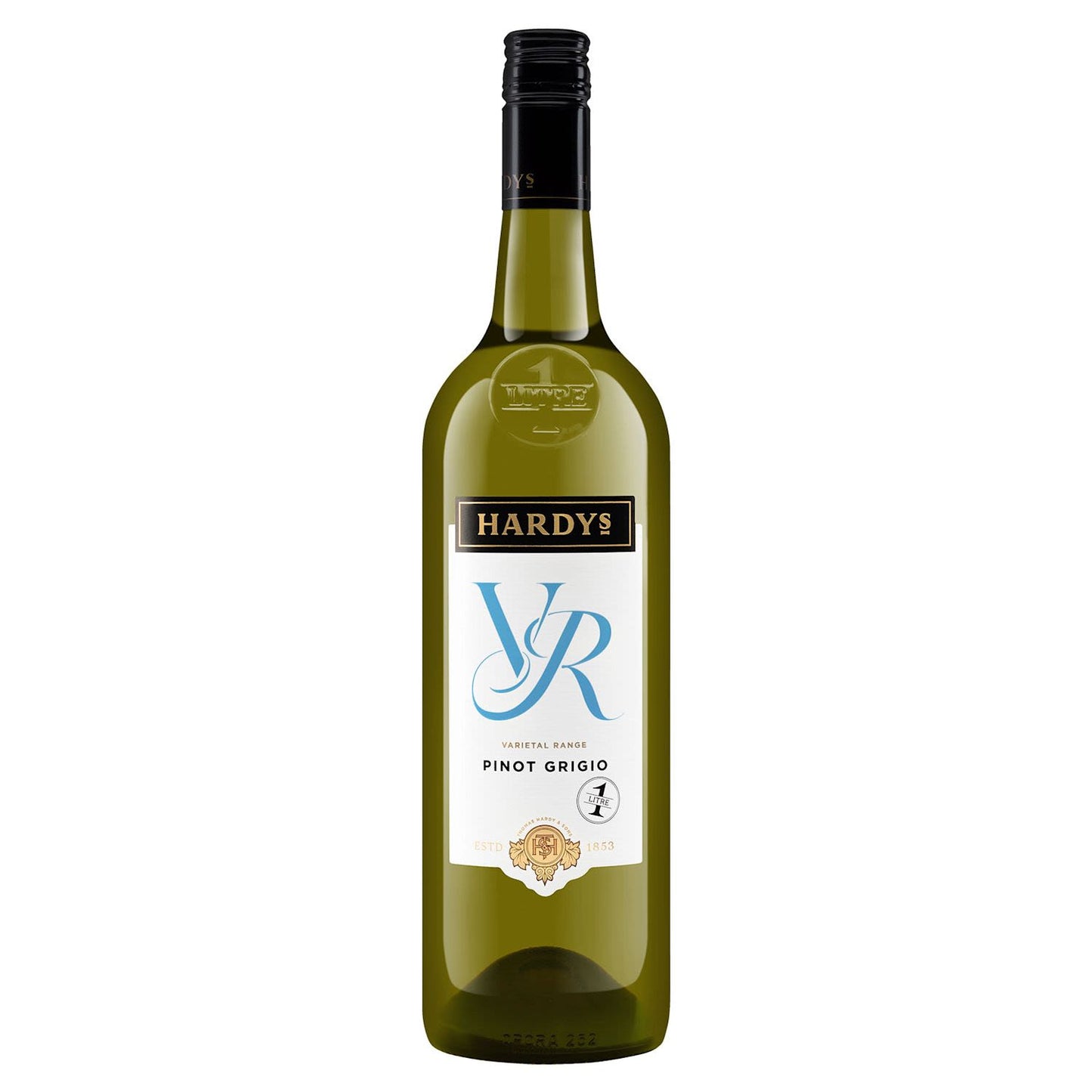 Hardy's YR Pinot Grigio wine bottle on a white background