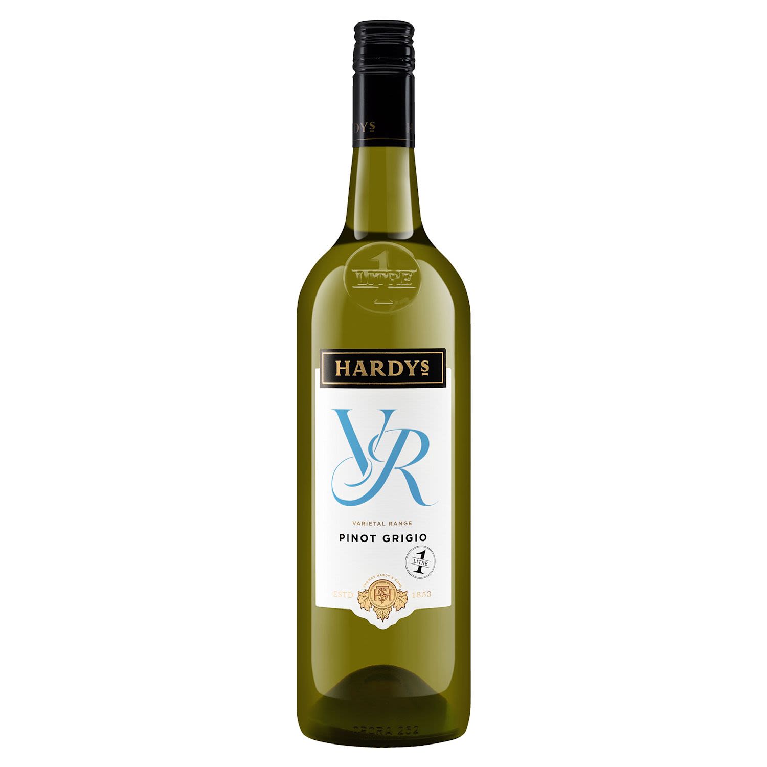 Hardy's YR Pinot Grigio wine bottle on a white background