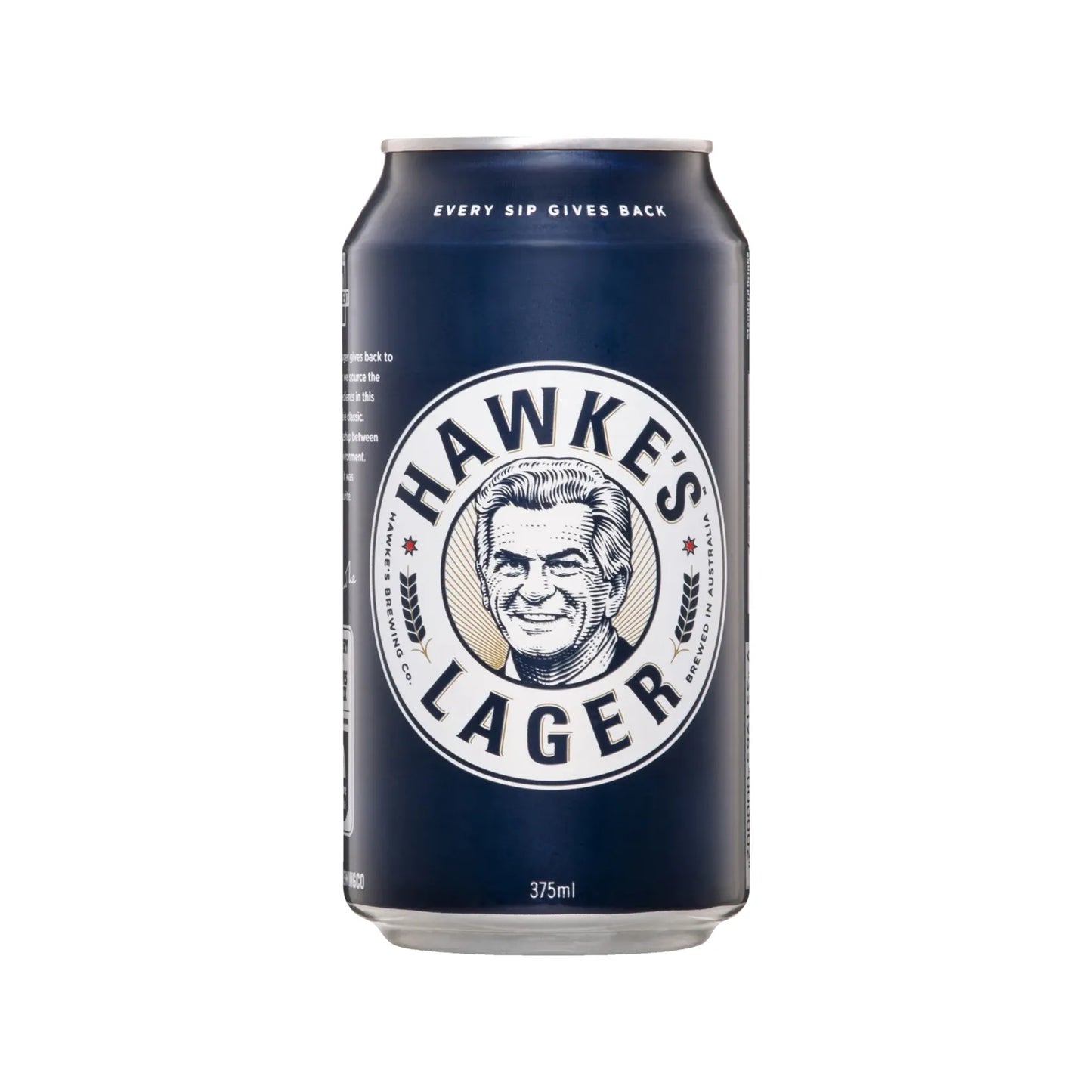 A 375ml can of Hawke's Lager beer, featuring a dark navy blue label with a prominent white circular logo containing a black-and-white portrait of a man and the text 'HAWKE'S LAGER'.