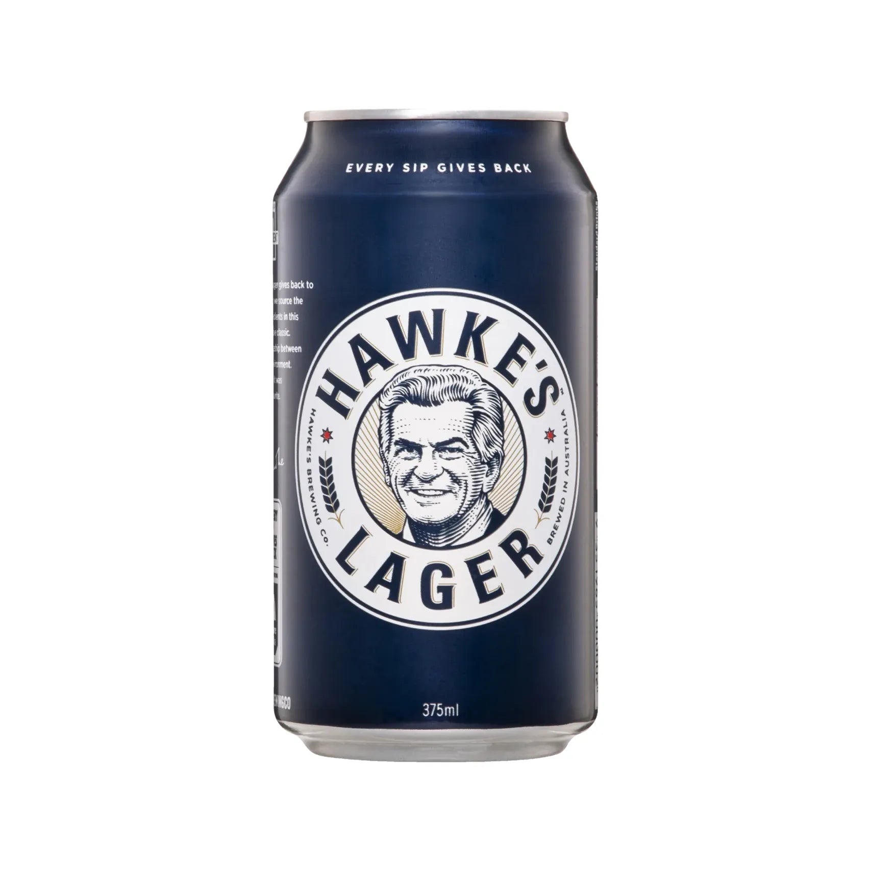 A 375ml can of Hawke's Lager beer, featuring a dark navy blue label with a prominent white circular logo containing a black-and-white portrait of a man and the text 'HAWKE'S LAGER'.