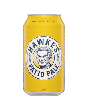 A 33cl aluminum can of Hawke's Patio Pale beer, featuring a bright yellow label with a white circular logo containing a black-and-white portrait of Hawke's.