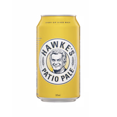 A 33cl aluminum can of Hawke's Patio Pale beer, featuring a bright yellow label with a white circular logo containing a black-and-white portrait of Hawke's.