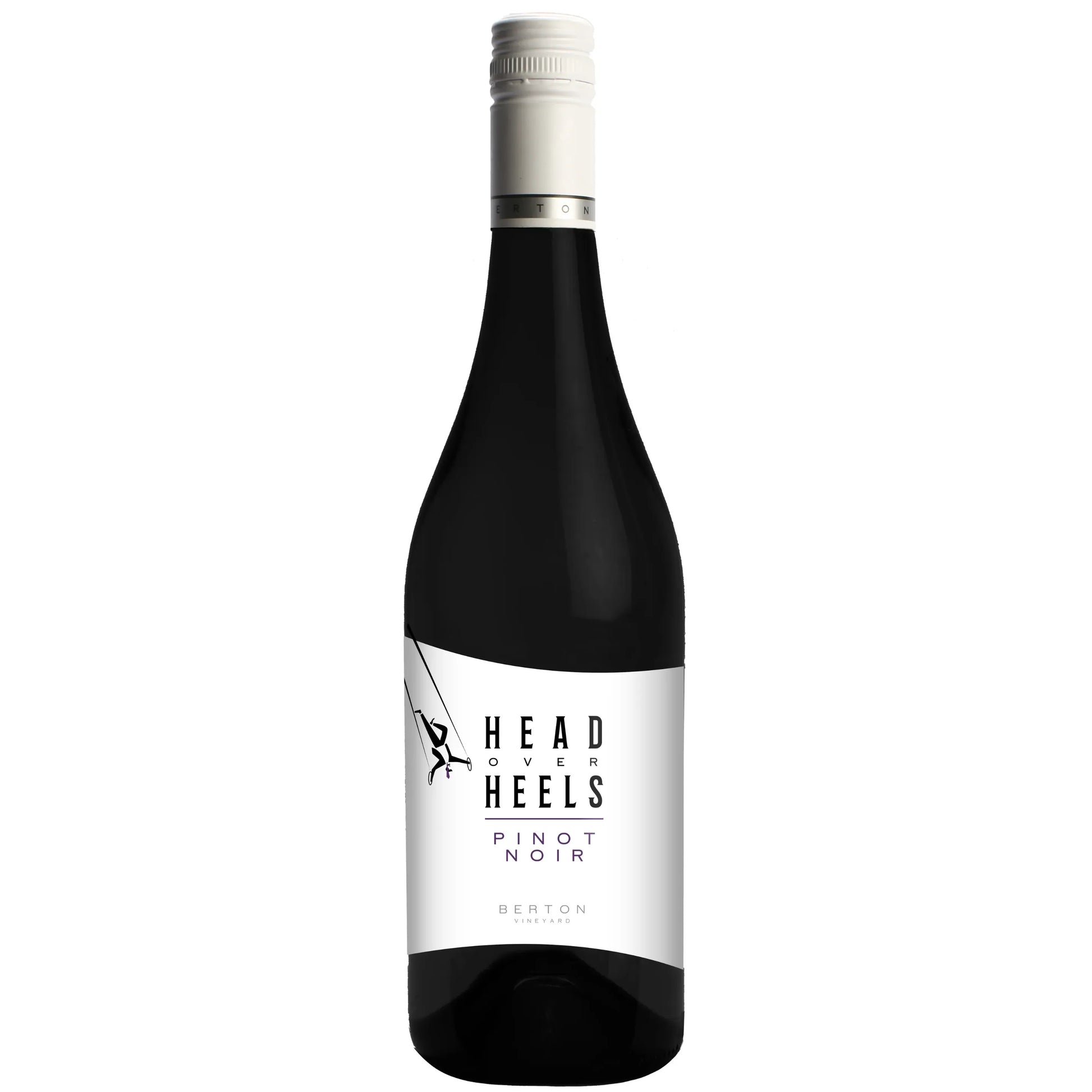 Wine bottle labeled 'Head Over Heels Pinot Noir' on a white background