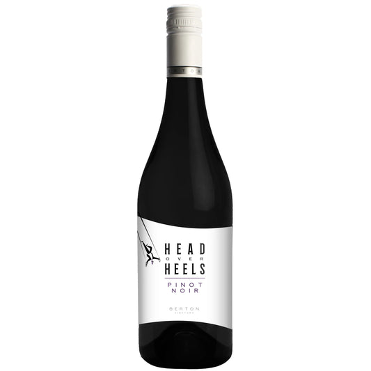 Wine bottle labeled 'Head Over Heels Pinot Noir' on a white background