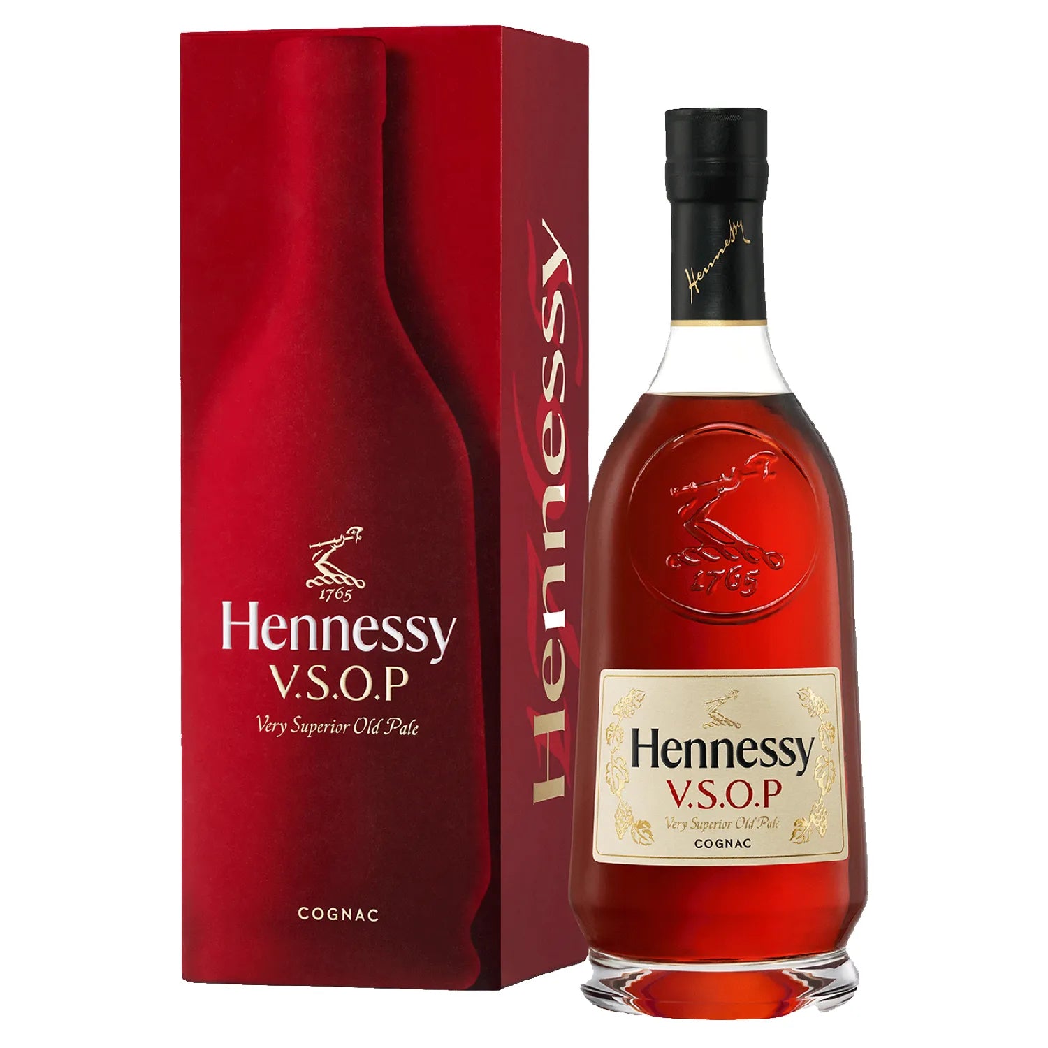 Hennessy V.S.O.P cognac bottle and red box on a white background