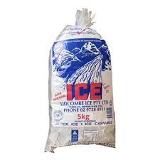 Bag of ice with a blue and white design on a white background