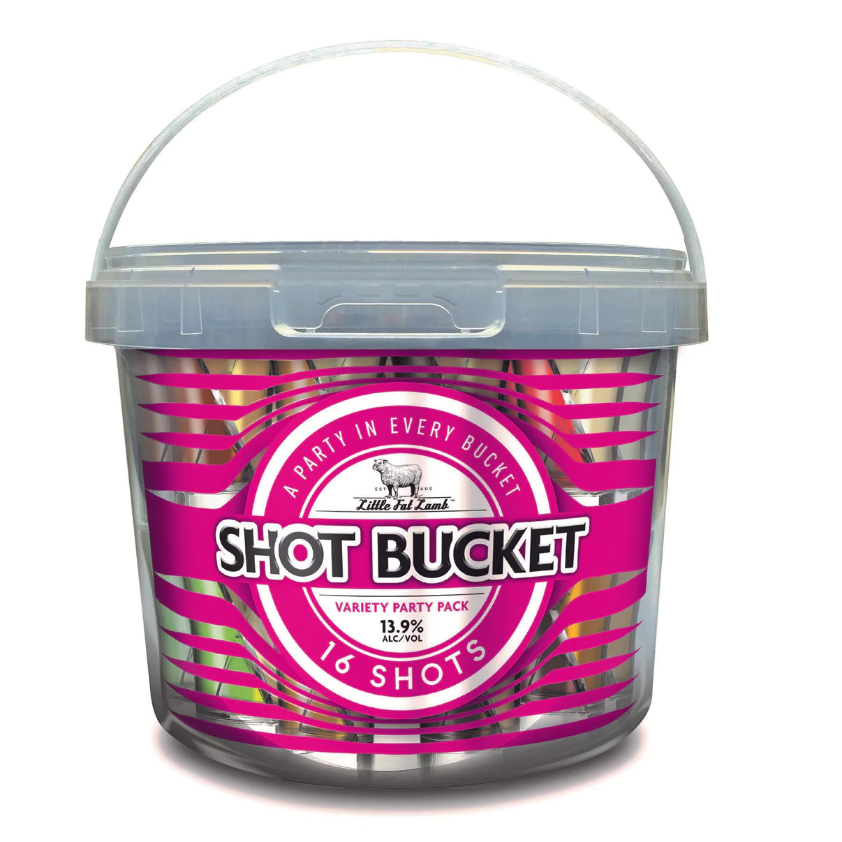 Little Fat Lamb Shot Bucket 16 shots showcasing a vibrant assortment of flavorful alcoholic beverages ideal for gatherings and celebrations. Available at Bathirst Liquor Greystanes, Prospect & Pendle Hill, or shop online.