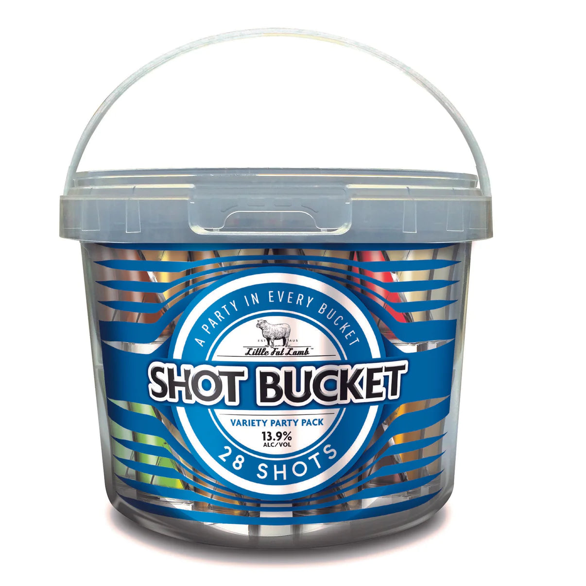 Little Fat Lamb Shot Buckets with 28 shots, featuring a colourful assortment of alcoholic beverages perfect for gatherings and celebrations. Available at Bathirst Liquor Greystanes, Prospect & Pendle Hill, or shop online.