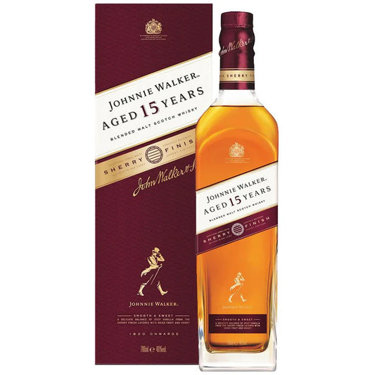 Johnnie Walker 15-year-old whisky bottle and box on a white background